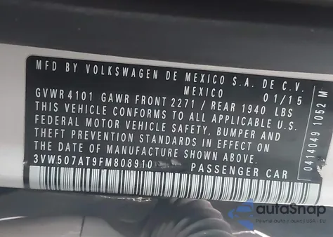 2015 Volkswagen Beetle 1.8T from USA, damaged, VIN 3VW507AT9FM808910